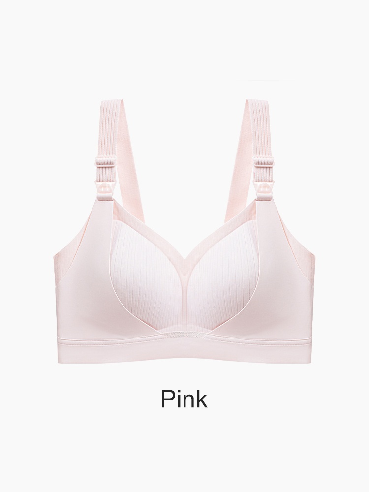 Pink nursing bra front view with ribbed cups detachable nursing clips and wide straps VEIMIA
