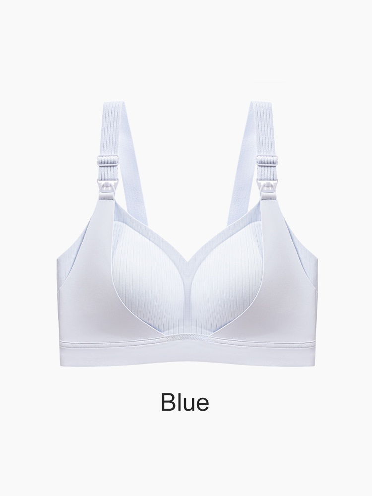 Blue nursing bra front view with V neckline ribbed cups and nursing clips VEIMIA