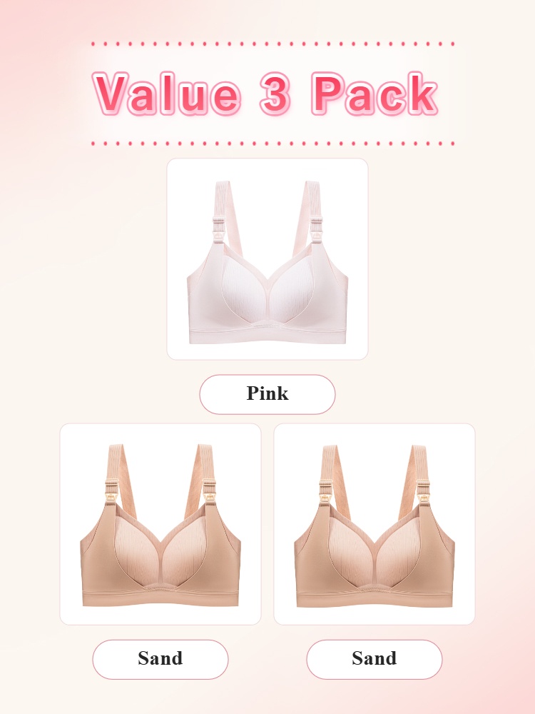 Value 3 pack nursing bras with one pink and two sand colors VEIMIA