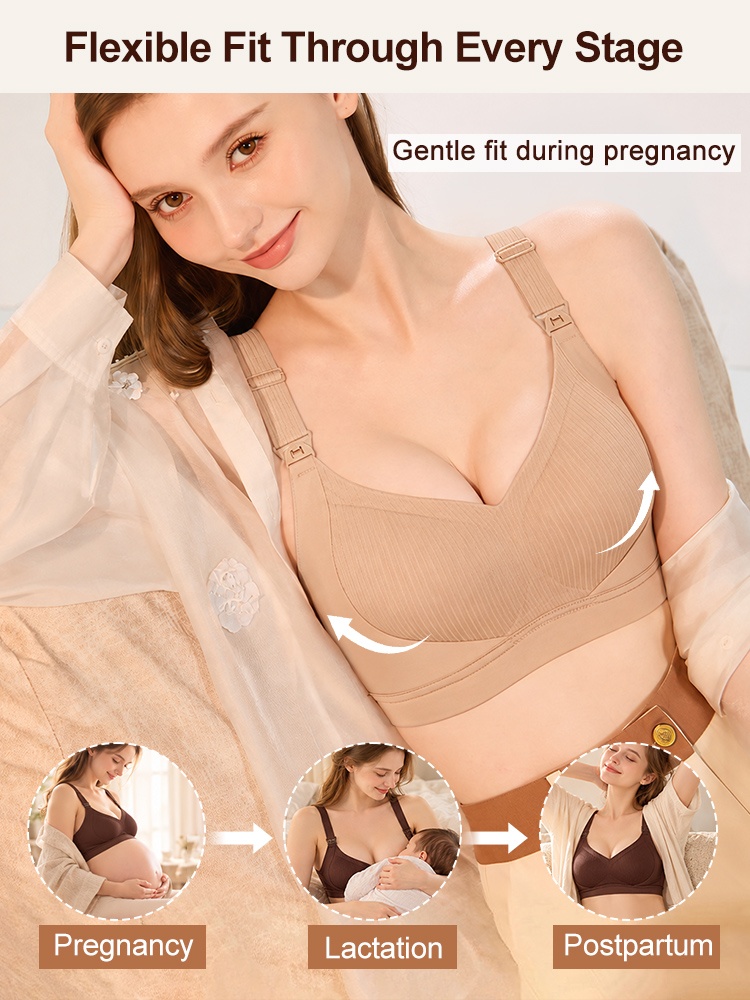 Maternity nursing bra graphic showing pregnancy lactation and postpartum wearing stages VEIMIA