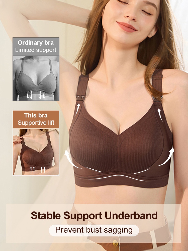 Brown nursing bra support comparison graphic showing wide underband and upward lift arrows VEIMIA