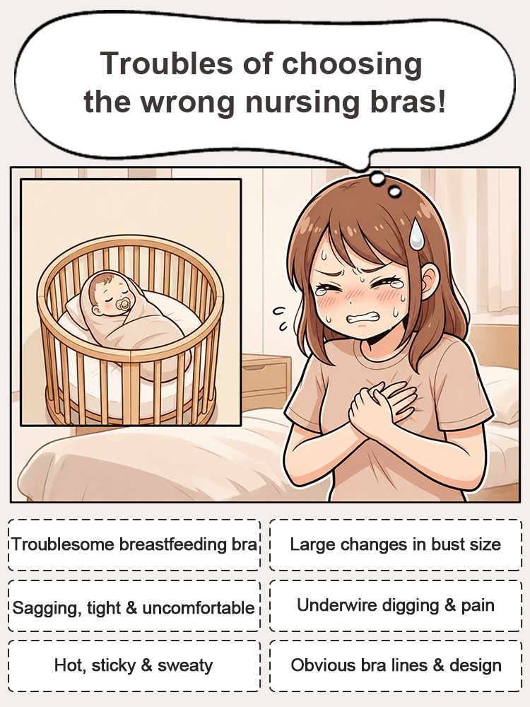 Illustrated guide showing nursing bra fit concerns during breastfeeding and changing bust size VEIMIA