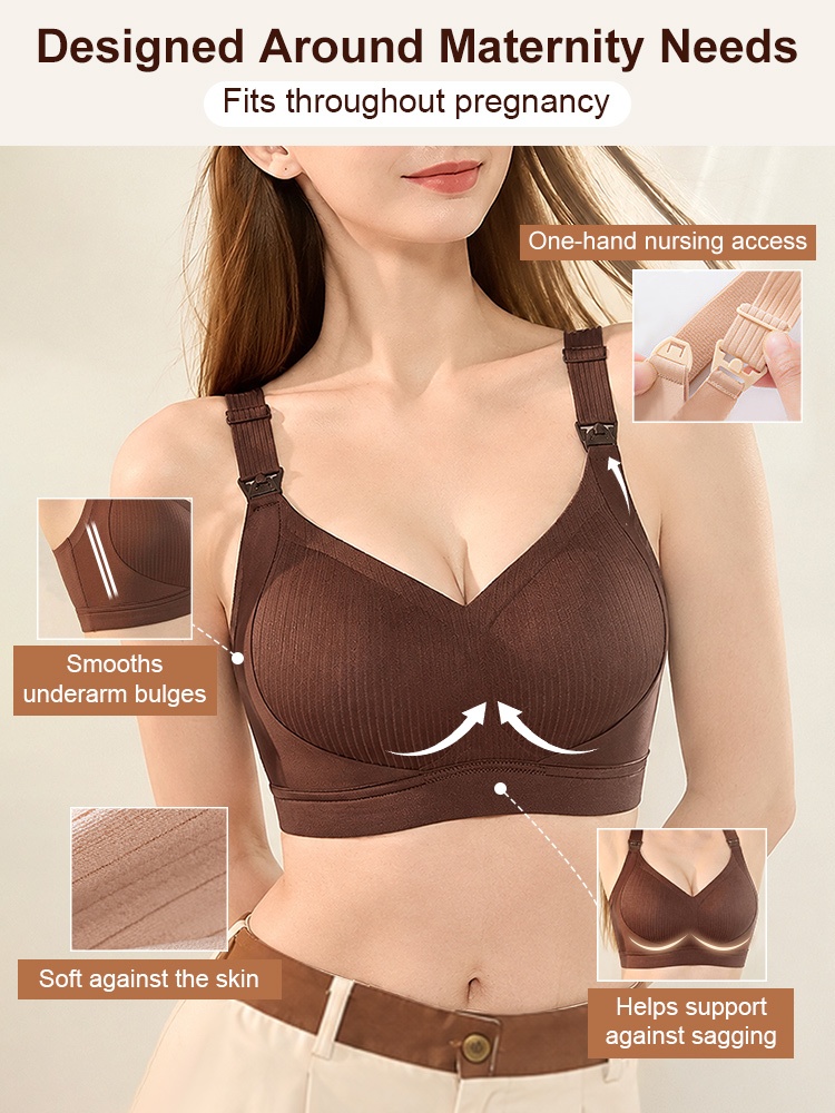 Model wearing brown nursing bra with nursing clips side panels and supportive underband diagram VEIMIA