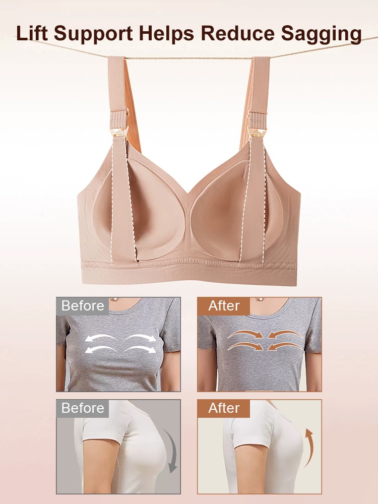 Sand nursing bra support comparison graphic with front and side before and after views VEIMIA