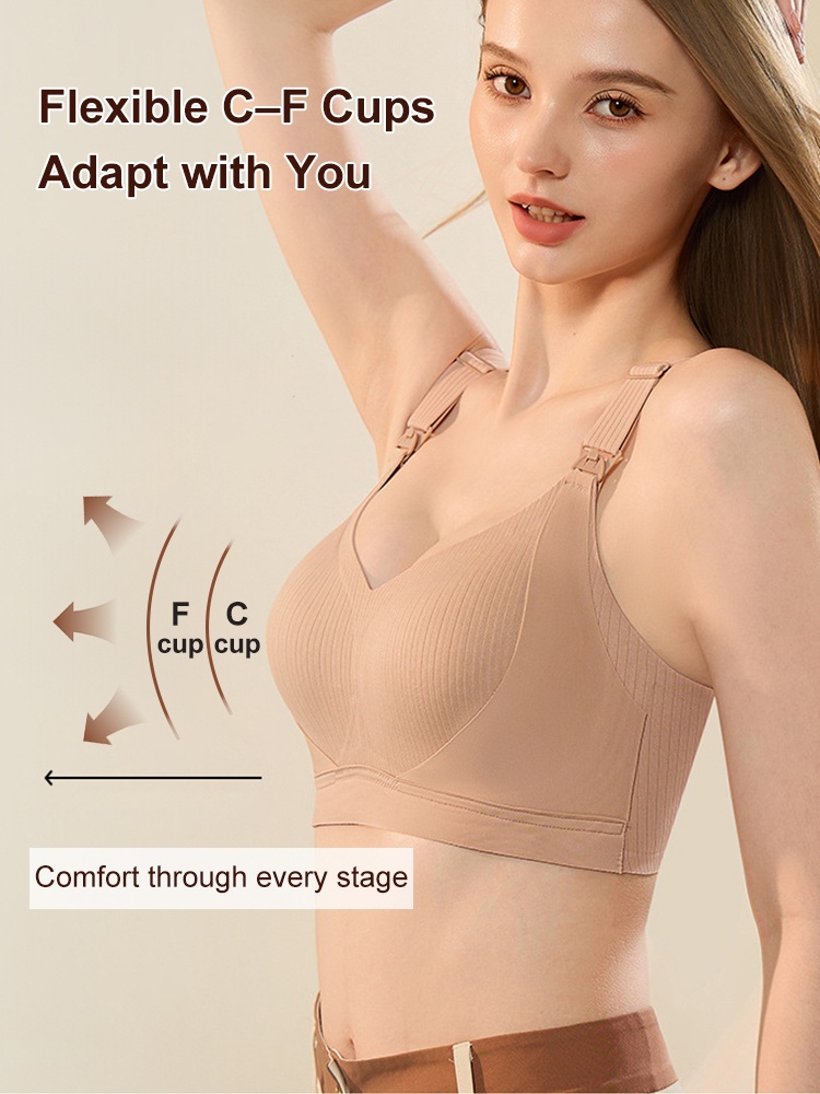 Model wearing sand nursing bra with cup flexibility diagram and adjustable straps VEIMIA