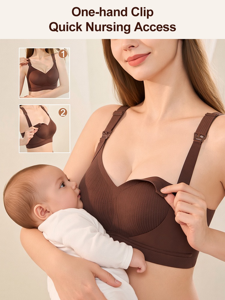 Model breastfeeding baby in brown nursing bra with open nursing cup and clip demonstration VEIMIA