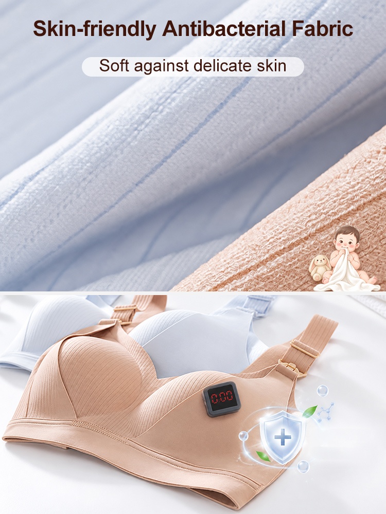 Fabric feature graphic with textured fabric close-up and sand and blue nursing bras VEIMIA