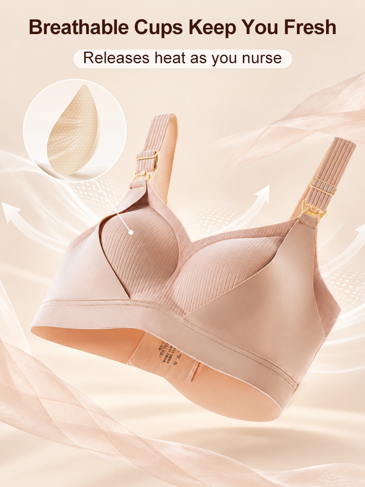 Sand nursing bra feature graphic illustrating breathable cups with airflow arrows VEIMIA