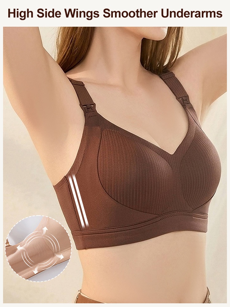 Side view of model wearing brown nursing bra showing high side wings and underarm panel VEIMIA
