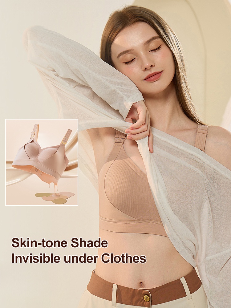 Model wearing sand nursing bra beneath sheer blouse with skin tone color demonstration VEIMIA