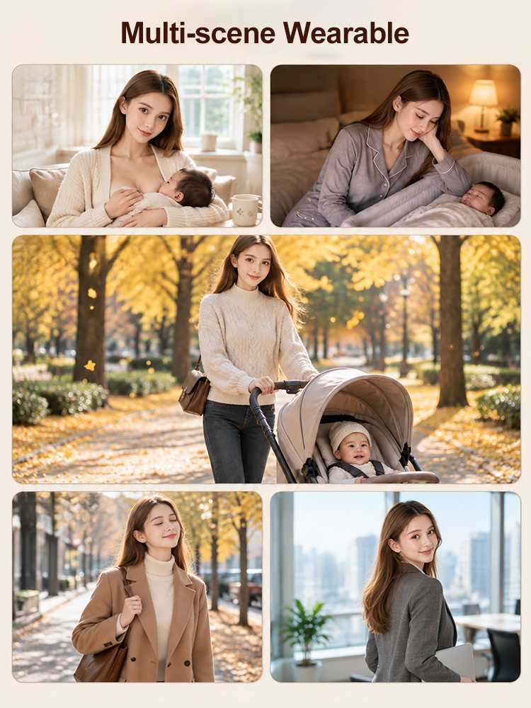 Lifestyle collage showing breastfeeding resting stroller walks and everyday maternity clothing scenes VEIMIA