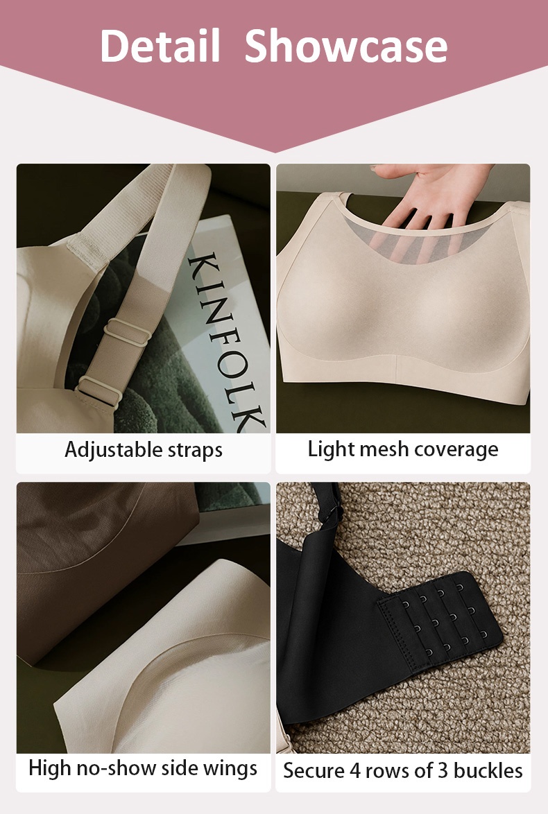 Detail showcase of adjustable straps mesh coverage high side wings and hook closure VEIMIA