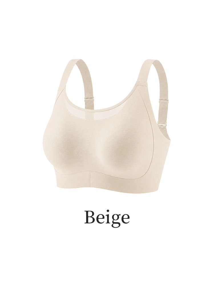 Beige minimizer bra front product view with mesh neckline and wide straps VEIMIA