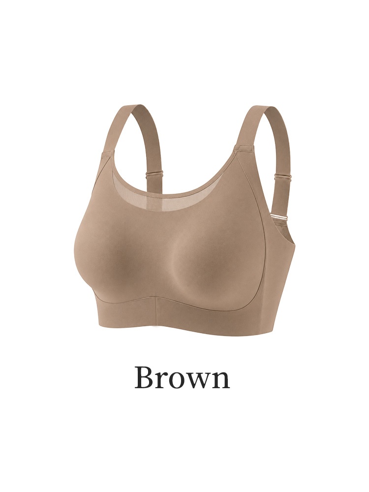 Brown minimizer bra front product view with mesh neckline and wide straps VEIMIA