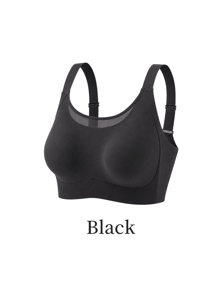 Black minimizer bra front product view with mesh neckline and wide straps VEIMIA