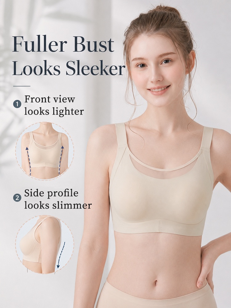 Model wearing beige minimizer bra with front and side profile comparison insets VEIMIA