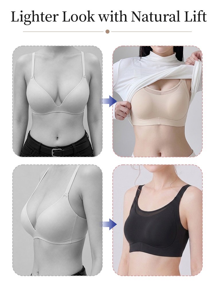 Comparison graphic showing beige and black minimizer bras with lighter lifted bust shape VEIMIA
