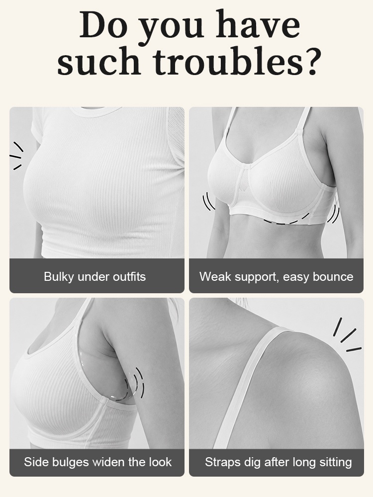Concern graphic showing bulky fit weak support side bulges and shoulder strap pressure VEIMIA