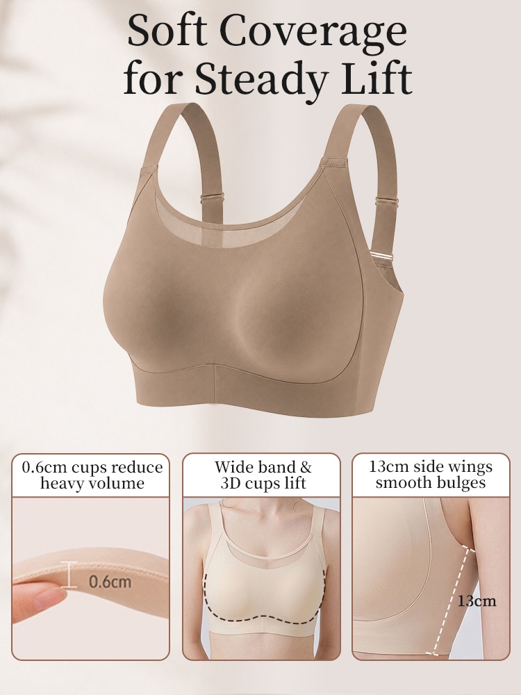 Beige minimizer bra product graphic showing thin cups wide band and high side wings VEIMIA
