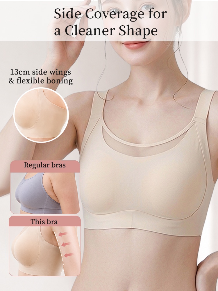 Model wearing beige minimizer bra with high side wings and side coverage comparison VEIMIA