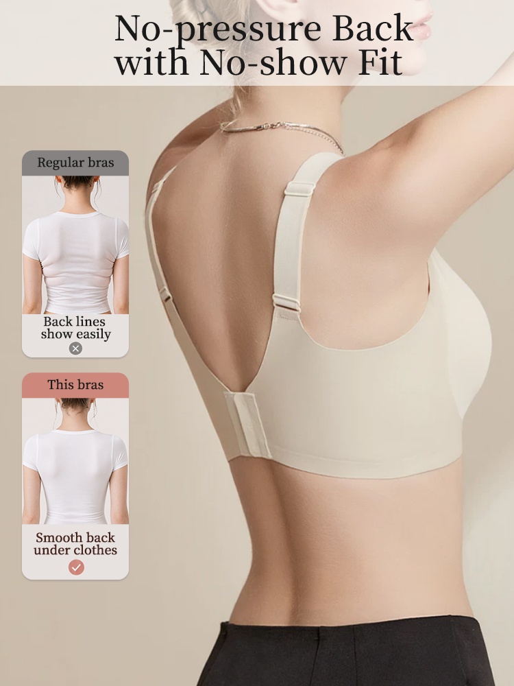 Back view of model wearing beige bra with wide smoothing back band VEIMIA