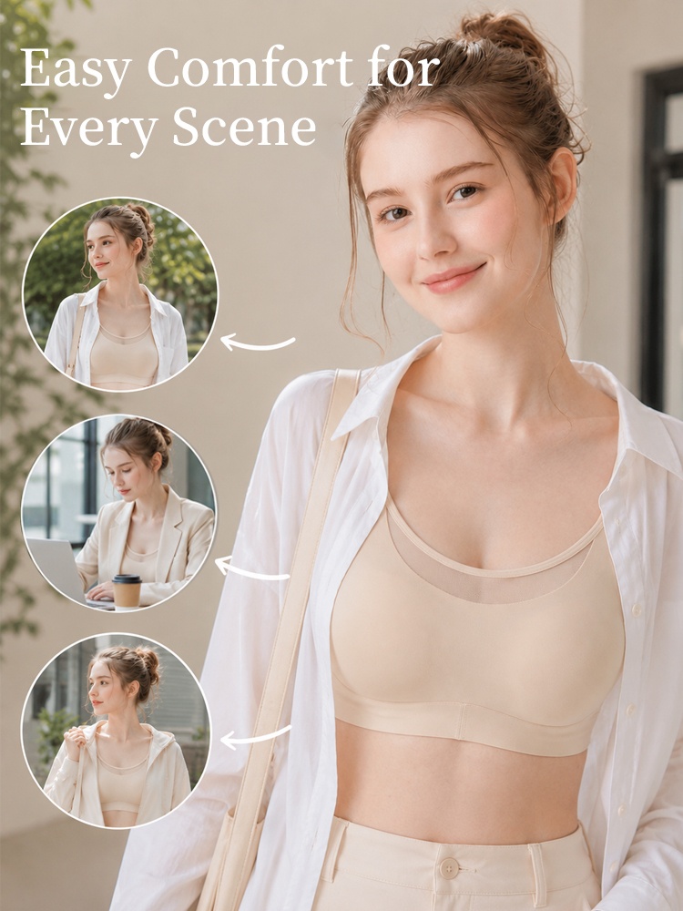 Lifestyle model wearing beige minimizer bra under an open white shirt VEIMIA