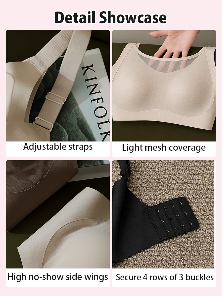 Detail showcase of adjustable straps mesh neckline high side wings and hook closure VEIMIA