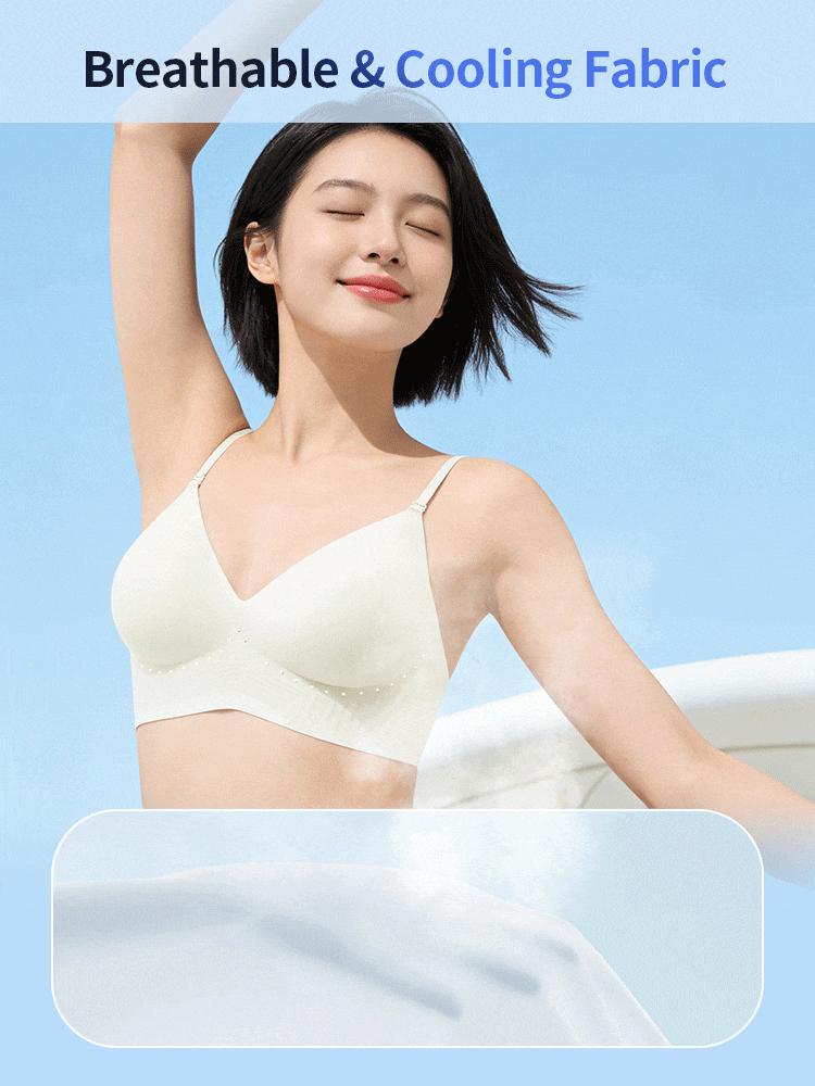 Model wearing a white breathable seamless bra with cooling fabric feature graphic, VEIMIA