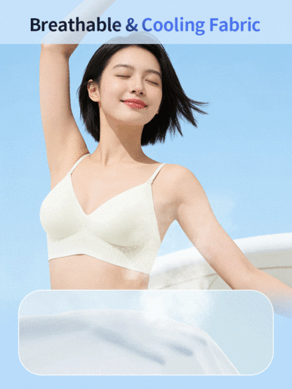 Model wearing a white breathable seamless bra with cooling fabric feature graphic, VEIMIA