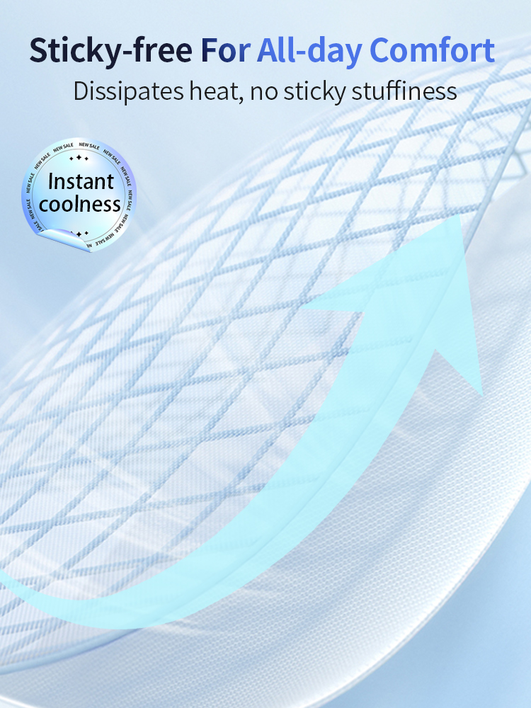 Close-up fabric texture graphic showing instant cooling and sticky-free comfort, VEIMIA