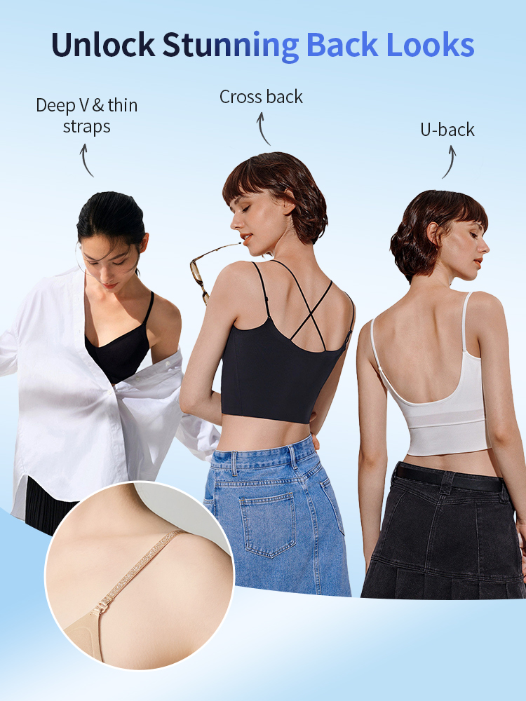 Three styling options showing deep V, cross-back and U-back seamless bra designs, VEIMIA