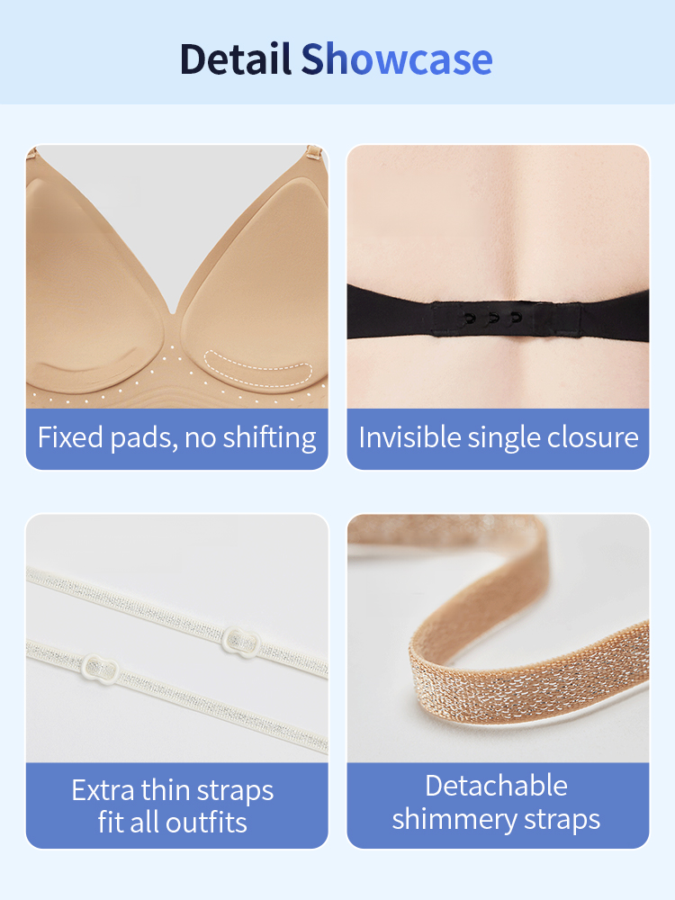 Product detail collage showing fixed pads, invisible single closure, thin straps and detachable shimmery straps, VEIMIA