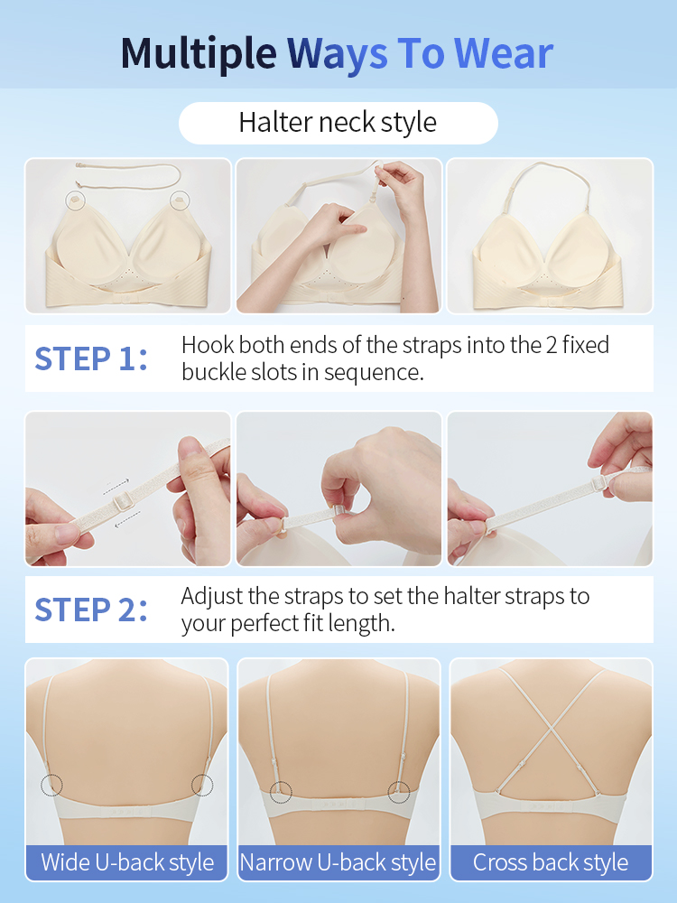 How to wear guide showing halter neck style, strap adjustment and back style options, VEIMIA