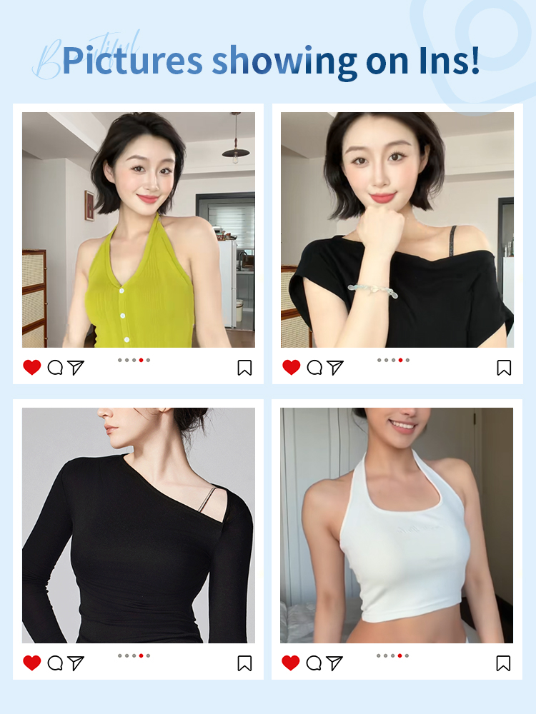 Social style collage showing the seamless bra worn as halter, single strap and cropped top looks, VEIMIA