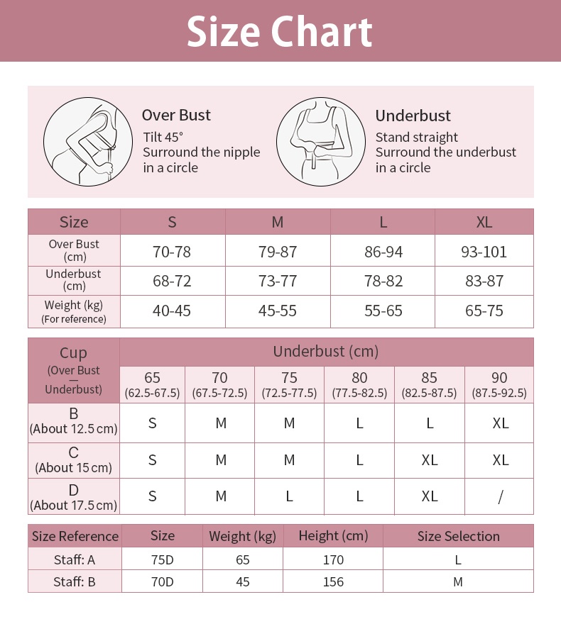 Size chart for the airy seamless bra with over bust, underbust and cup guidance, VEIMIA