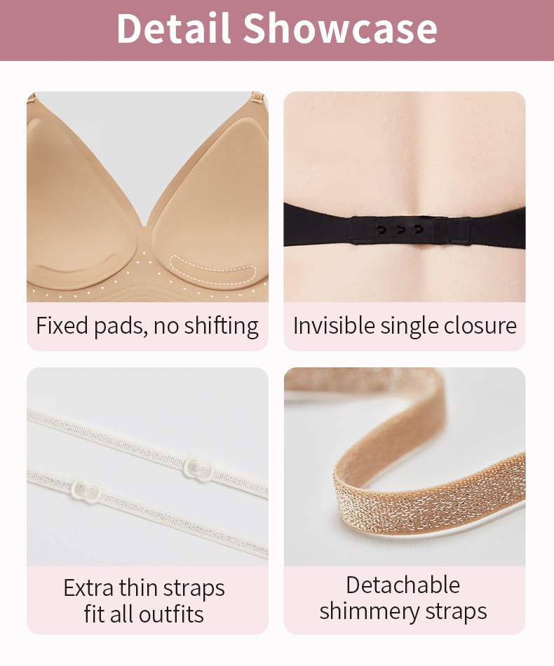 Product detail board showing fixed pads, invisible single closure, thin straps and detachable shimmery straps, VEIMIA