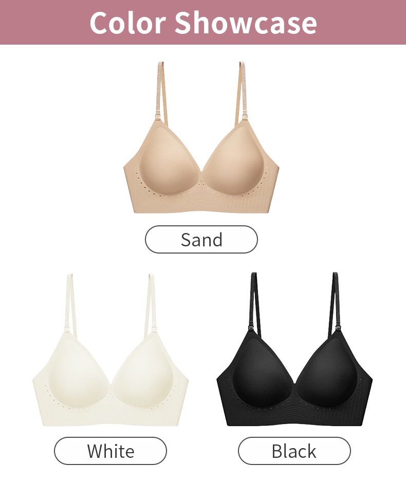 Color chart showing sand, white and black seamless bra options, VEIMIA