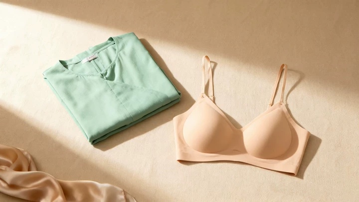 Seamless nude wireless bra styled beside a light emerald green Baju Kurung Modern, showing the best innerwear choice for thin and satin raya fabrics.