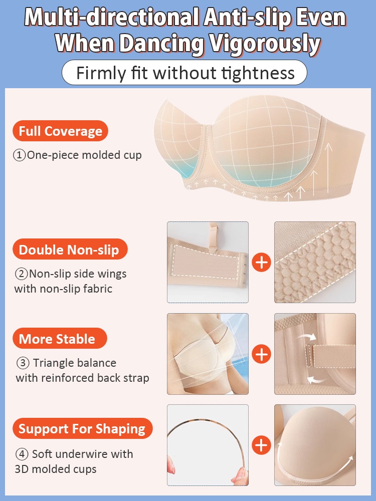 3D Breathable Honeycomb Cups Strapless Bra with Soft Core, No Bounce Anti-slip Naturally Shaping Not Sticky VEIMIA
