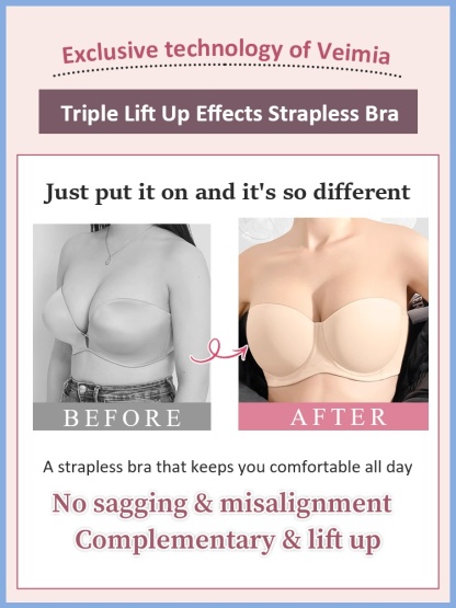 Strapless Bra with 3D Honeycomb Cups & Soft Wire, No Bounce Anti-slip Naturally Shaping Not Sticky VEIMIA
