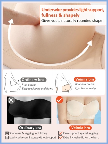 Strapless Bra No Bounce 3D Honeycomb Design, Soft Wire Support Anti-slip Naturally Shaping Not Sticky VEIMIA