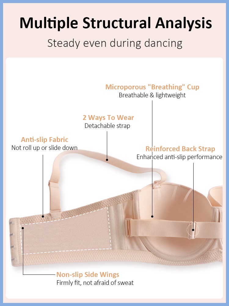 Strapless Bra No Bounce Anti-slip with Wire, 3D Breathable Honeycomb Cups Naturally Shaping Not Sticky VEIMIA
