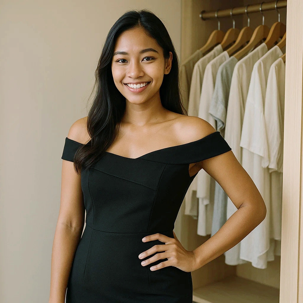 Confident woman wearing a fitted black dress in front of a wardrobe – best shapewear Singapore guide
