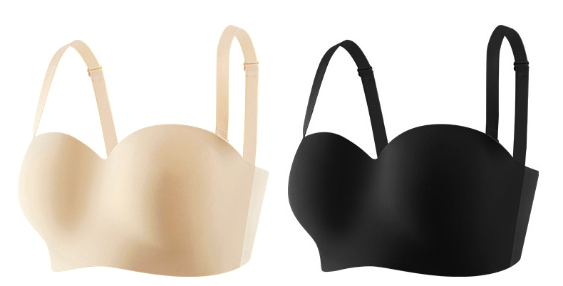 Beige and Black Fuller Bust, Firmer Hold, Never Slip Even Jumping Strapless Bra For Large Breasts VEIMIA