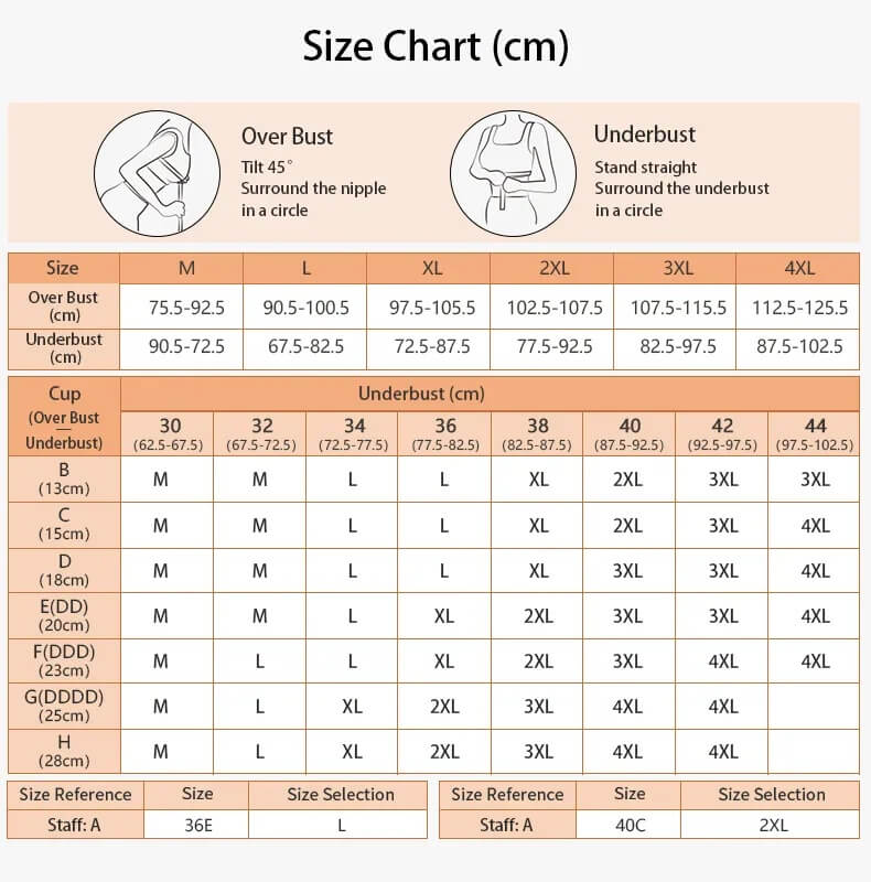 VEIMIA Bra size chart in inches showing 34 bra size, 36C bra size, and cup bra fitting