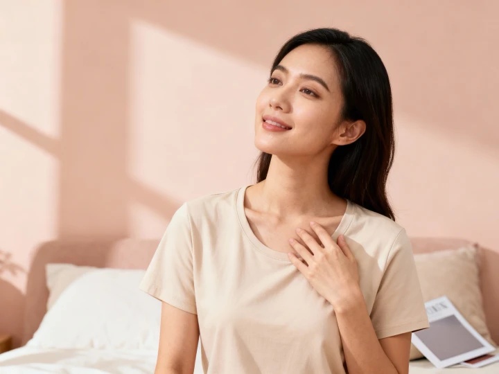 VEIMIA Singapore woman gently touching upper chest to relieve tightness before breast massage