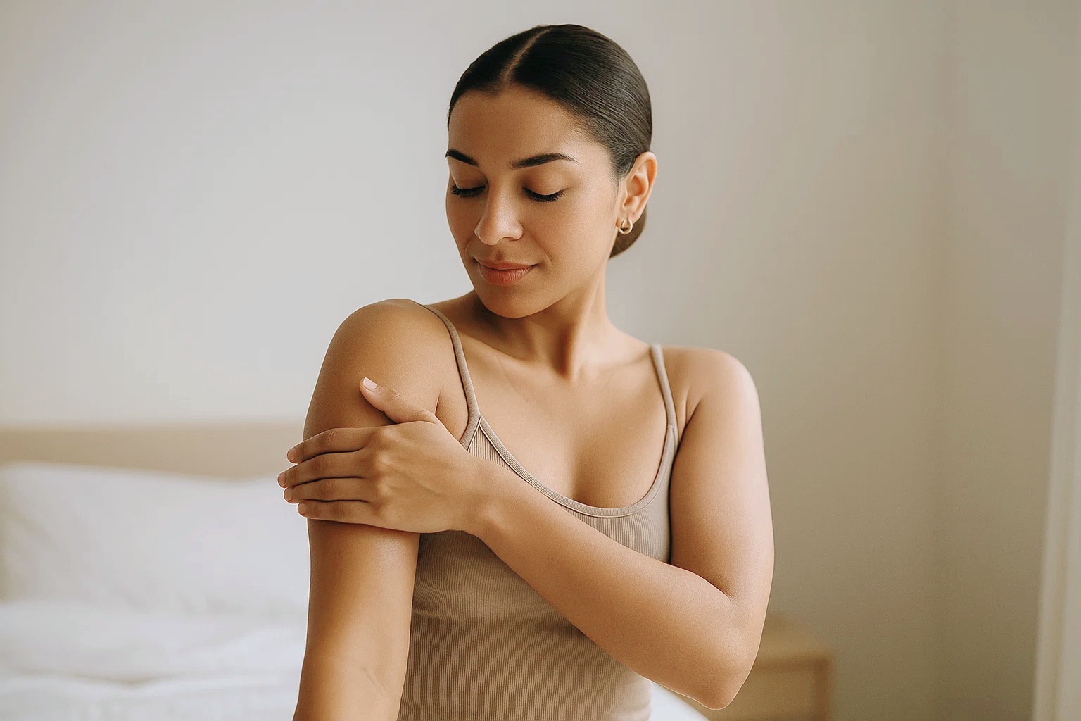 Confident woman practicing natural self-care, promoting breast sagging awareness and healthy lifestyle