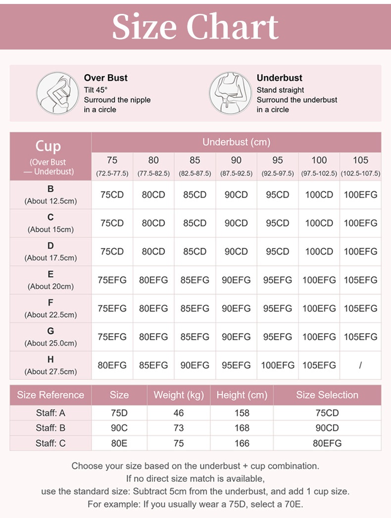 Size chart with underbust cup and size selection guide VEIMIA