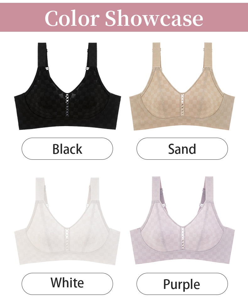 Color showcase for black sand white and purple minimizer bras VEIMIA