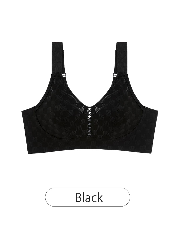 Black breezy minimizer bra front view with check textured cups VEIMIA